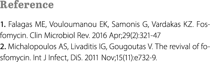 Reference 1. Falagas ME, Vouloumanou EK, Samonis G, Vardakas KZ. Fosfomycin. Clin Microbiol Rev. 2016 Apr;29(2):321 4...