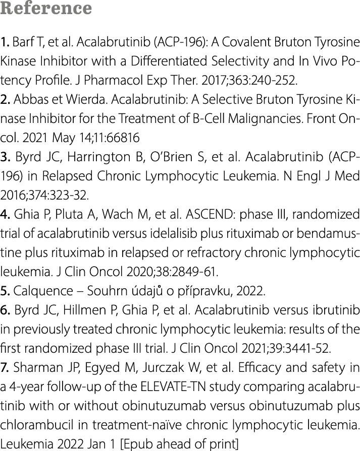 Reference 1. Barf T, et al. Acalabrutinib (ACP 196): A Covalent Bruton Tyrosine Kinase Inhibitor with a Differentiate...
