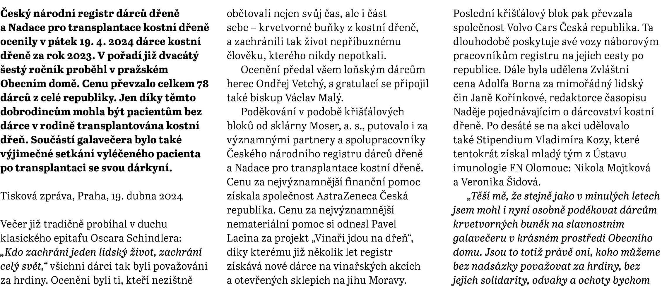  esk n rodn  registr d rc  d en  a Nadace pro transplantace kostn  d en  ocenily v p tek 19. 4. 2024 d rce kostn  d ...